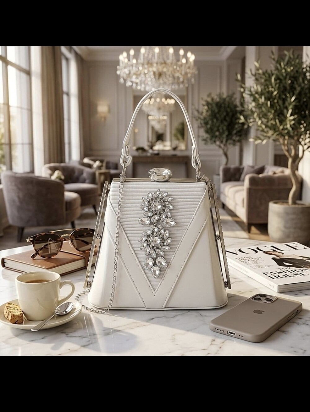 LA MAREY White Faux Leather Clutch/ Convertible Xbody Rhinestones